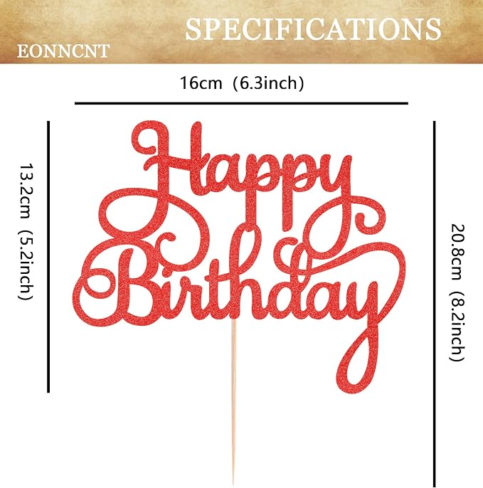 Happy Birthday Cake Topper - Red Glitter Birthday Party Cake Decoration Supplies, Photo Booth Props