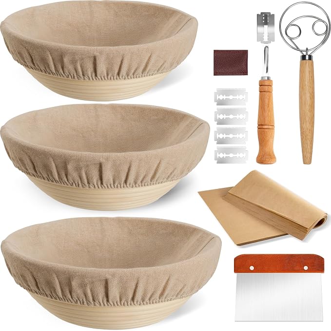 Kikcoin 8" & 9" & 10" Banneton Bread Proofing Basket Set, Round Banneton Basket for Sourdough Baking, Baking Supplies with Linen Liner, Bread Lame & Dough Scraper, Sourdough Proofing Tools