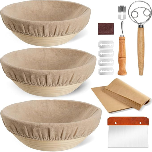 Kikcoin 8" & 9" & 10" Banneton Bread Proofing Basket Set, Round Banneton Basket for Sourdough Baking, Baking Supplies with Linen Liner, Bread Lame & Dough Scraper, Sourdough Proofing Tools