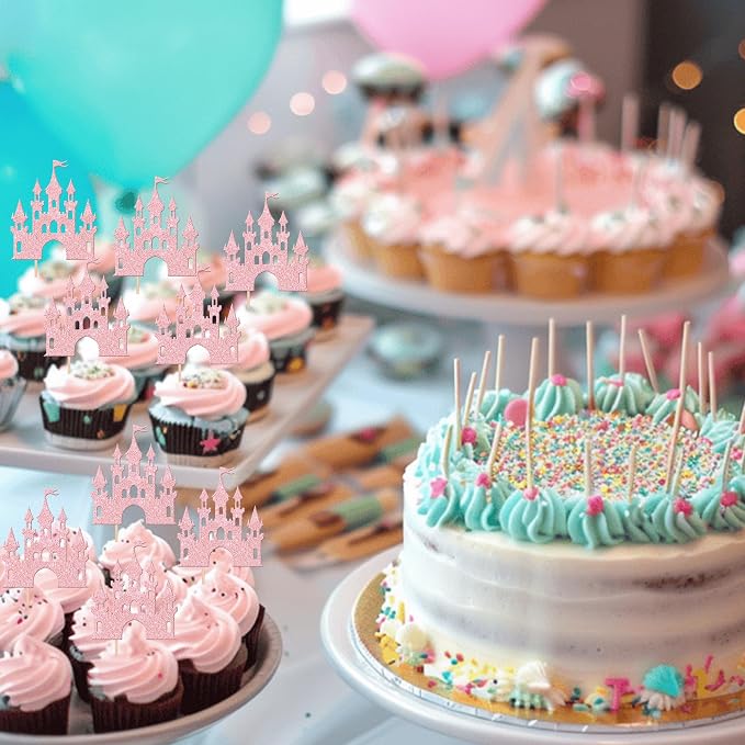 24 PCS Castle Cupcake Toppers Glitter Princess Cupcake Toppers Castle Theme Birthday Party Decoration Princess Birthday Cake Decoration for Baby Shower Princess Birthday Party Supplies Light Pink