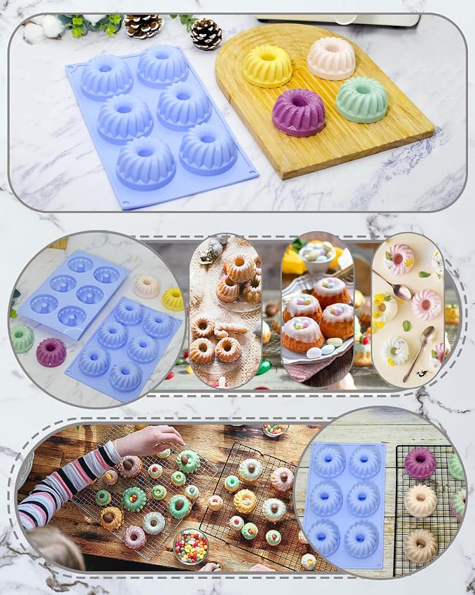 LGQUK Jello Mold, 3pcs Silicone Fluted Tube Cake Pans, 6-Cavity Non Stick Silicone Baking Molds for Cupcake, Donuts,Muffin, Cornbread, Brownie, Jellies (Blue, Fluted Tube)