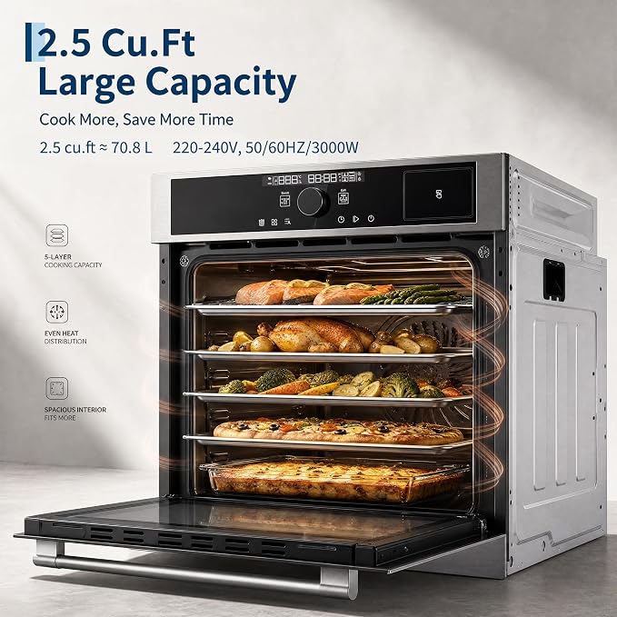 Garvee 24 Inch Built-in Single Wall Oven, 2.5 Cu. ft. Electric Oven, 3000W Power, 5 Cooking Functions, Touch & Mechanical Knob Control, Double Layer Low-e Glass Door, ETL Certified, Silver