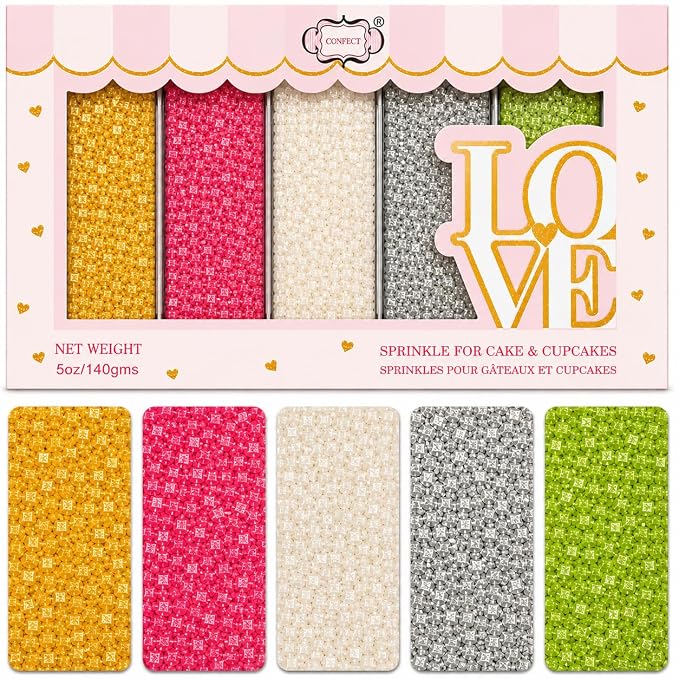 Confect Sprinkle Mix – 5-Pack Assorted Edible Sugar Tropical Summer Sparkling Sugar Crystals in Gold, Bright Pink, Silver, Parrot Green & White – Decorative Toppings for Cakes, Cupcakes & Cookies –Vegan, Gluten-Free, Nut-Free, Soy-Free, Dairy-Free, Pal...