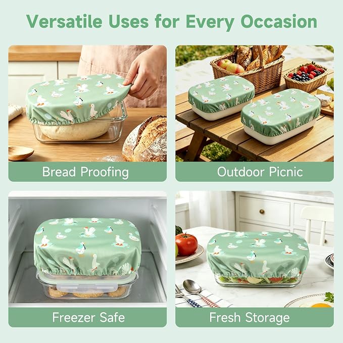 Reusable Bowl Covers, Elastic Cotton Cloth Sourdough Bread Cover, Reusable Bowl Caps for Bread Proofing Baskets and Large Mixing Containers, 3 Pack, Goose