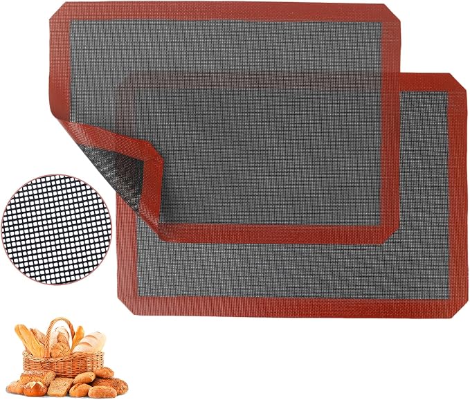 16.5"x11.6" Perforated Baking Mats, Non-Stick Hollow Out Silicone Mat, Reusable Oven Liner for Half Sheet Pan, Making Bread/Pizza/Macaron/Pastry/Cookie (2 Pcs, Black Corner Cut)