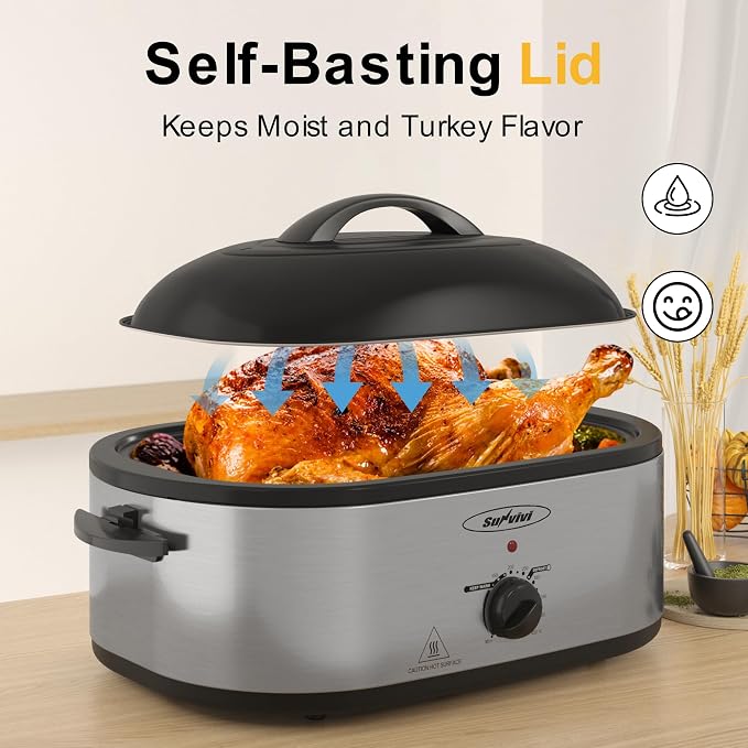 Sunvivi 24lb 20-Quart Roaster Oven, Electric Roaster Oven with Self-Basting Lid, Turkey Roaster with Unique Defrost/Warm Function, Large Roaster with Removable Pan & Rack, Stainless Steel, Silver