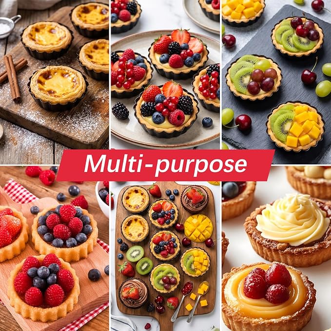 20Pcs 3 Inch Mini Tart Pan, Black Carbon Steel Egg Tart Molds with Removable Bottom Round Non-stick Deep Quiche Pan, Heavy Duty Fluted Side for Pies, Egg Tarts Mold for Baking, Mousse Cakes