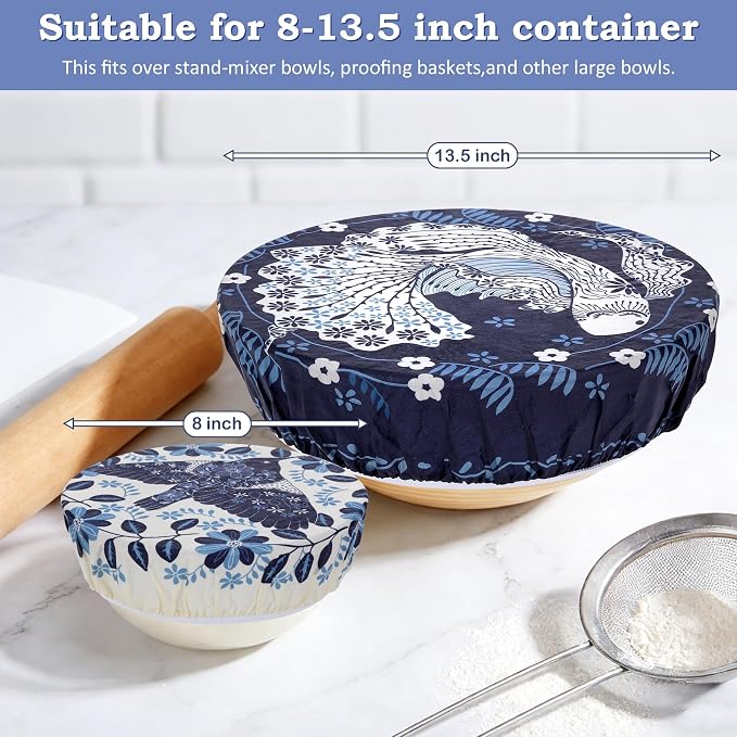 2 Large Reusable Beeswax Bowl Covers for Bread Proofing, 10/12 Inch Elastic Beeswax Wraps Cotton Cloth Sourdough Bowl Covers for Proofing Baskets, Mixer Bowls, Food Storage Containers
