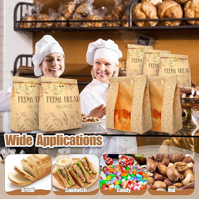 Feifeiya 150 Set Bread Paper Bags for Homemade Sourdough Kraft Bread Bags with Clear Window Seal Stickers 14'' x 8.3'' x 3.5'' Large Bakery Packaging for Storage Baked Goods Cookies