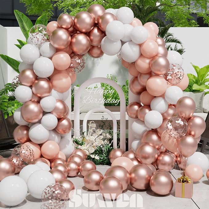 SUWEN 60PCS Metallic Rose Gold Confetti Balloons Set Latex Helium Chrome Rose Gold Balloon for Birthday Wedding Bridal Shower Anniversary Party Decorations
