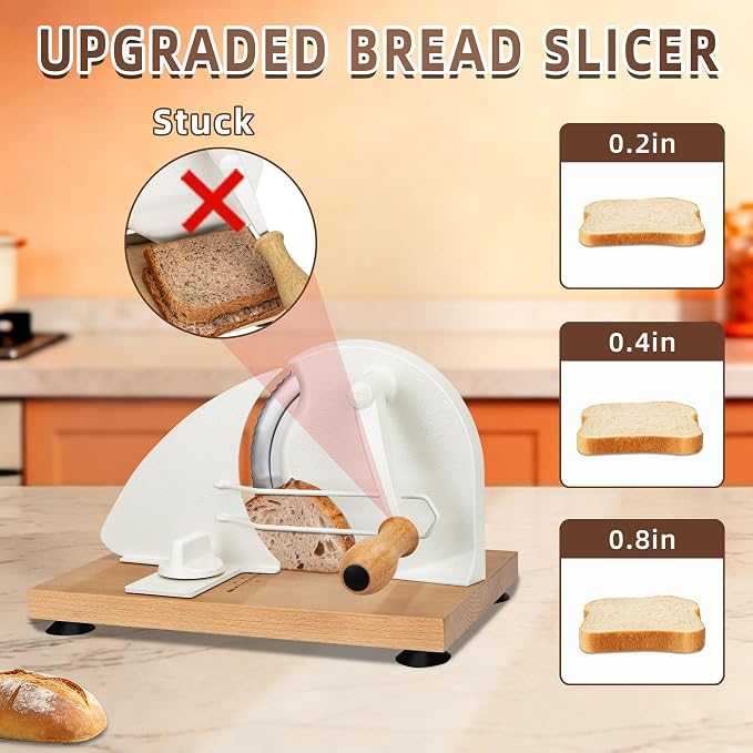 Manual Bread Slicer for Homemade Sourdough Bread, Adjustable Thickness Bread Cutter with Hand Crank, Slicing Guide, Scale Line, Stainless Steel Blade & Suction Cups, for Perfect Even Slices (Cream)