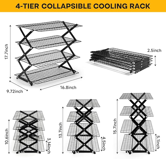 4-Tier Collapsible Stainless Steel Cooling Rack, Stackable Wire Drying Rack | Aguegro Adjustable Multi-Layer Cooling Grid for Cookies, Cakes, Roast Meat, Barbecue,Baking& Food Drying