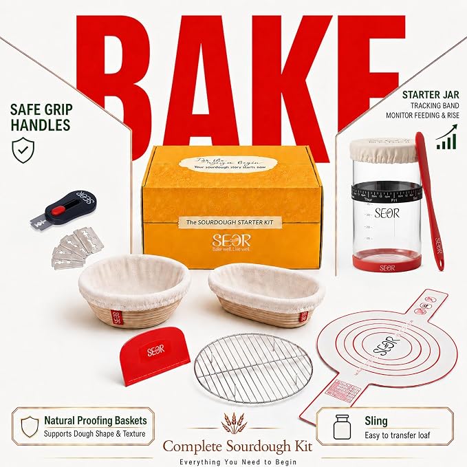 SEOR Premium Sourdough Starter Kit 42oz Glass Jar – Complete Sourdough Bread Baking Supplies with Banneton Proofing Baskets, Sour dough Tools & Accessories, Bread Making Kit