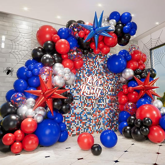 Bonropin 159pcs Black Red and Blue Balloons Arch Garland Kit, Spider Theme Balloon Arch with Explosion Star Balloons for Men Baby Shower Spider Theme Birthday Party Decorations