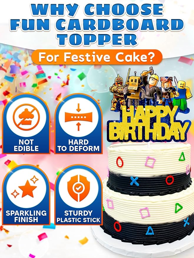 Easy Adjusting Gamer Cake Topper with Eye-Catching Design - 5.1"x5.9" Video Game Cake Topper Happy Birthday, Made from Cardboard with Sturdy Plastic Stick - Boy & Girl Gamer Birthday Party Decorations