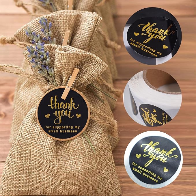 620pcs Thank You Business Cards & Stickers Set - Gold Foil, 100 Cards, 500 Stickers, 20 Resealable Bags (Black)