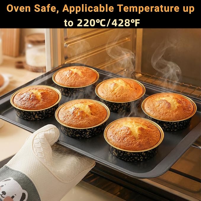 Beasea Mini Ramekins with Lids, 100 Pack 7.3oz Disposable Aluminum Tart Pie Baking Tins Pans, 4 Inch Small Individual Cheesecake Tart Containers Oven Baking Dishes for Party - Black Gold Speckles