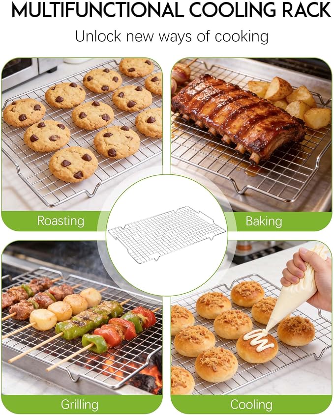 HULISEN 304 Stainless Steel Cooling Rack 2 Pack - 16" x 10" Baking Rack with Handle fits Half Sheet Pan, Wire Cookie Cooling Racks for Baking, Roasting, Grilling, Drying, Oven Safe, Dishwasher Safe
