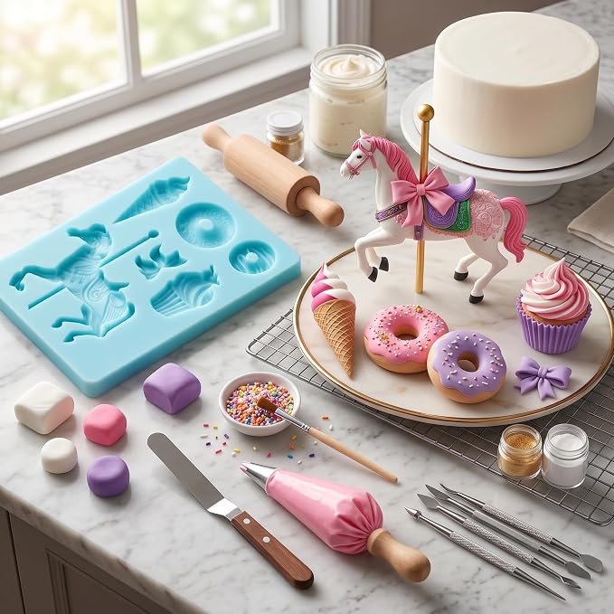 Carousel Horse Fondant Molds Ice Cream Doughnut Silicone Chocolate Molds for Cake Decorating Cupcake Topper Candy Gum Paste Polymer Clay
