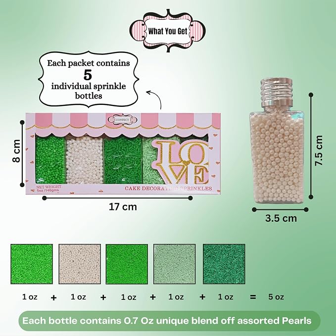 Confect St. Patrick’s Day Sprinkles Mix – Pea Green, Mint Green & White Pearl Dragees, Vermicelli, Edible Sugar Decorations – Pack of 5 for Cake, Cupcake, Cookie & Party Baking Decor | Vegan, Gluten-Free, Nut-Free, Soy-Free, Dairy-Free, Palm Oil-Free -...