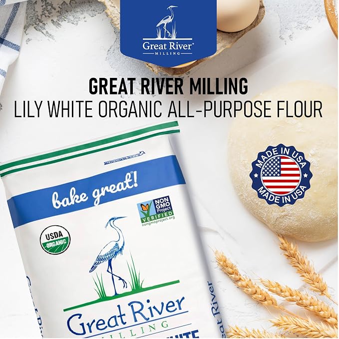 Great River Milling Lily White Organic All-Purpose Flour | Unbleached & Unbromated | Non-GMO, Kosher | Ideal for Bread, Cookies, Cakes, Pizza Dough & Everyday Baking | 25 Lb