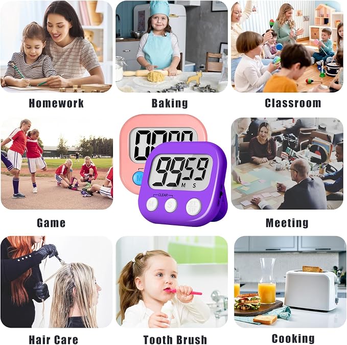 ZILLEEN Classroom Timer for Kids Teachers 2 Pack Digital Timers, Purple & Pink