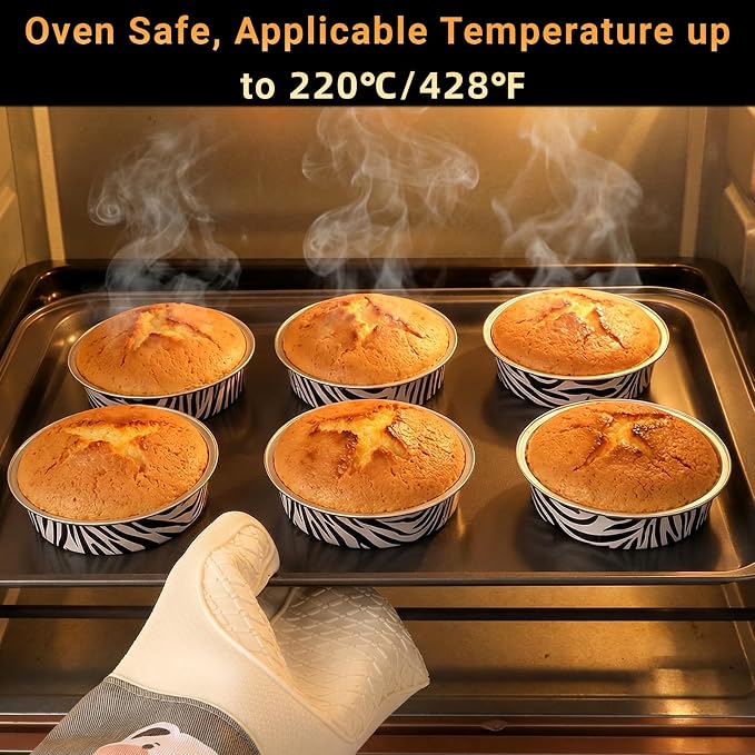 Beasea Disposable Cupcake Pans with Lids, 100 Pack 7.3oz Aluminum Baking Foil Tart Pie Tins, Small Round Tart Containers for Individual Dessert Muffin Cheesecake Quiche Oven Dishes - Zebra Stripes