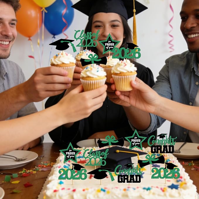48 PCS Grad Cupcake Toppers, Glittery Congrats Graduation Cake Topper, 6 Styles Graduation Decorations, Black and Green Cap and Diploma Cake Picks for Class of 2026 Grad Party Decorations Supplies