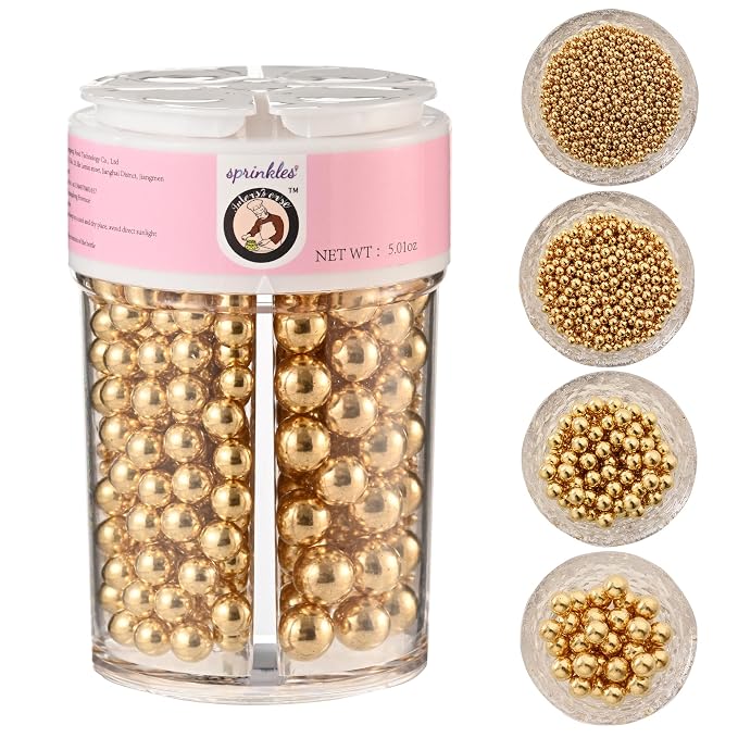 Homankit Gold Pearl Sprinkles for Baking, 4 Sizes Mix Sugar Pearls Cake Decorations for Cupcake Toppers Cookie Decorating Birthday Party Wedding Valentines Christmas Supplies
