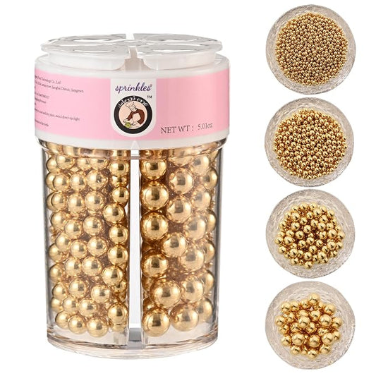 Homankit Gold Pearl Sprinkles for Baking, 4 Sizes Mix Sugar Pearls Cake Decorations for Cupcake Toppers Cookie Decorating Birthday Party Wedding Valentines Christmas Supplies