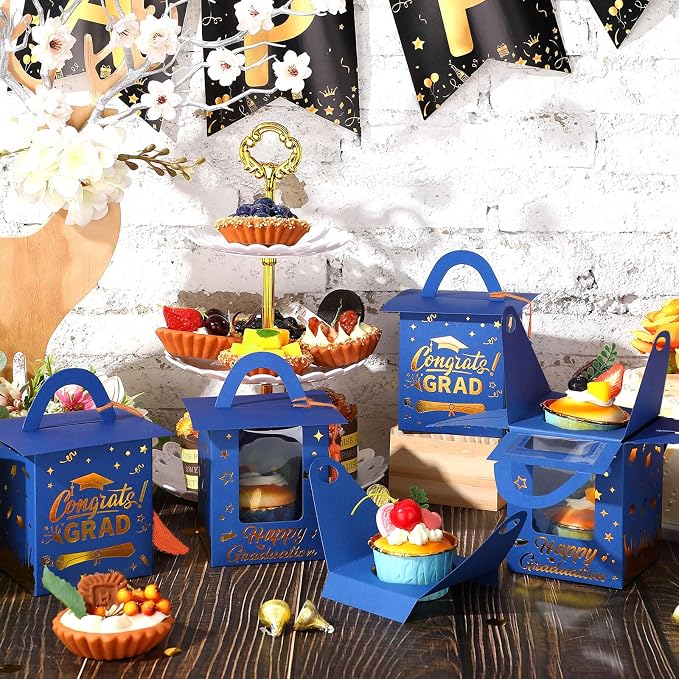Outus 30 Pcs Graduation Cupcake Boxes Graduation Gift Box Congrats Grad Cupcake Container Candy Boxes with Window and Tassel for 2026 College High School Grad Party(Blue and Orange)