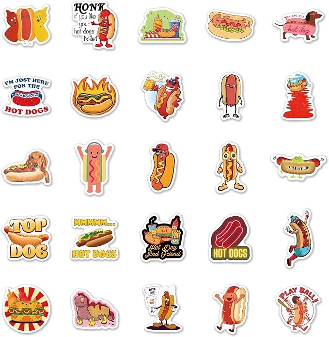 67Pcs Hot Dog Stickers,Delicious Food Party Favors Decorations,Vinyl Hot Dog Decals for Laptop Scrapbook Journal Skateboard GOG Party Favors (67pcs)