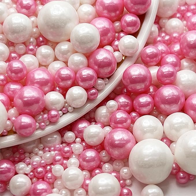 SE Si&Moos Hot Pink and White Pearl Sprinkles for Cake Decorating Valentines Sprinkles White Edible Pearl Cake Decorations Hot Pink Sprinkles for Cake, Baby Shower Valentine Party Holiday Christmas Supplies 3.5 OZ