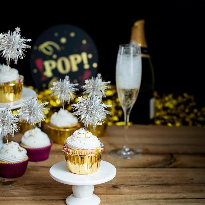 Gyufise 30Pcs Foil Firework Cupcake Toppers Sparkle Tinsel Star Cake Toppers Tinsel Drink Cake Decoration Cocktail Picks for Birthday Wedding Graduation Party Supplies Silver