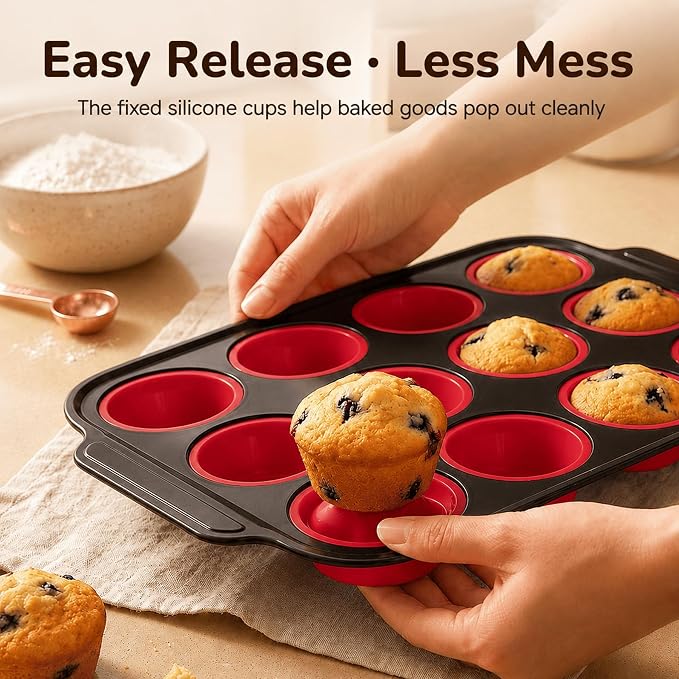 2 PCS Silicone Muffin Pans for Baking with Metal Reinforced Frame, Muffin Tin Egg Bites Mold 12-Cup Regular Size, Nonstick Muffin Cups Tray Easy to Pop Cupcake Pan for Oven - Red