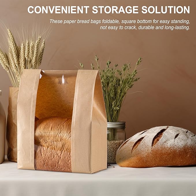 Paper Bread Bags 25PCS, Sourdough Bread Bags for Homemade Bread, Large Bakery Bags with Window Includes 25PCS Label Seal Stickers for Homemade Bread Storage(13.7x8.3x3.5 inch)