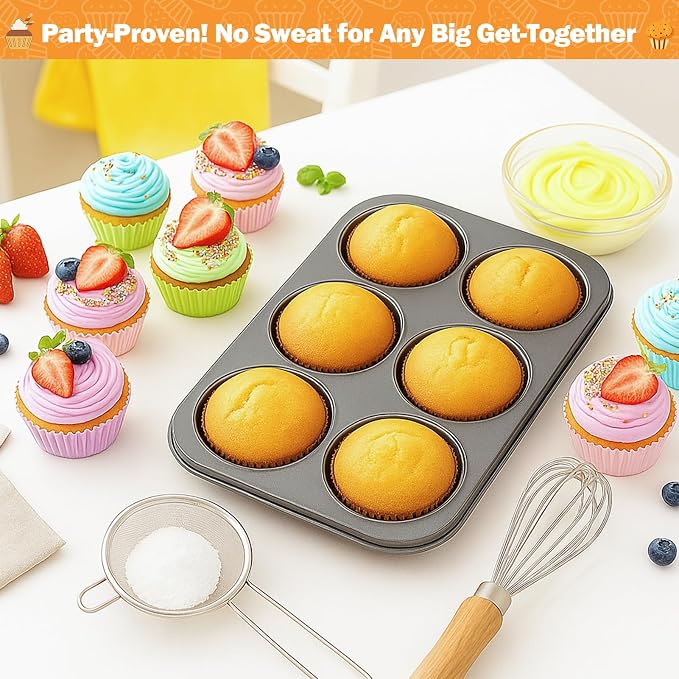 Mity rain 2 Pack Jumbo Muffin Pan, Premium Carbon Steel 6-Cup Cupcake Pan, with 80 Non-Stick Paper Liners & 6 Reusable Silicone Liners, Ideal for Party, Christmas, Home Baking Supplies