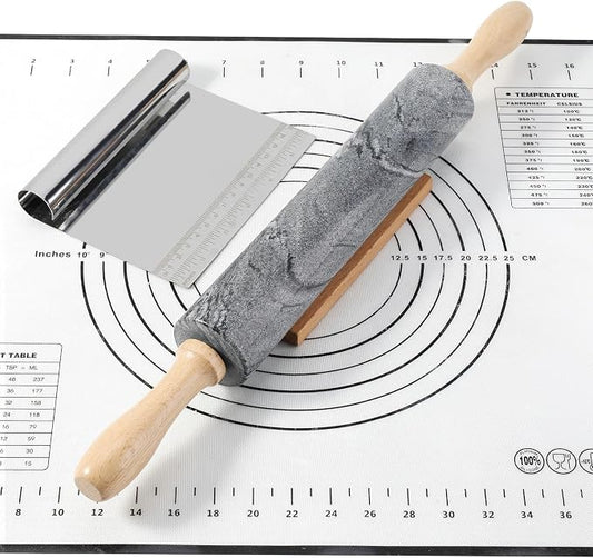 African Natural Marble Rolling Pin, Non-Stick Polished Dough Roller, Pasta, Dumpling, Fondant, Pie Crust, Bread, Pizza Dough, Kitchen Baking Pastry Tools with Mat/Scraper(Monte Grigio)