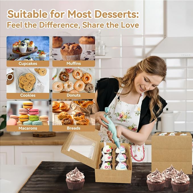 10-Set Cupcake Boxes Bulk with Clear Display Window Hold 6 Standard Cupcakes, Disposable Food Grade Brown Cupcake Carrier Cupcake Container, Perfect for Cupcakes Muffins Cookies Pastries