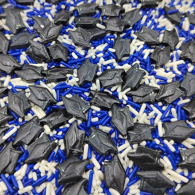 Graduation Day Sprinkles, Blue White Jimmies Sprinkles, Edible School Graduation Hat Sprinkle Candy Soft Jimmies Toppings for Ice Cream, Cupcake, Cake Decorating, Cookie, Dessert Decorating