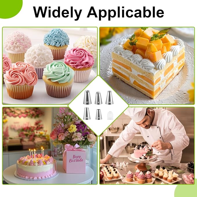 6 Pcs Large Piping Tips Set, Stainless Steel Frosting Piping Kit with 25mm Coupler, Cake Decorating Tips for Cupcakes Cookies Buttercream Flowers Pastry and Baking (1A/1E/347/348/356)
