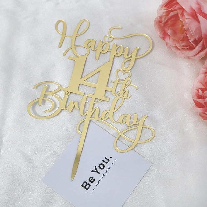 Happy 14th Birthday Cake Topper，Mirrored Gold Acrylic Birthday | for Cheers to 14 Years Birthday/Anniversary Party Decoration Ideas, Perfect Keepsake for your family and friends(14th)