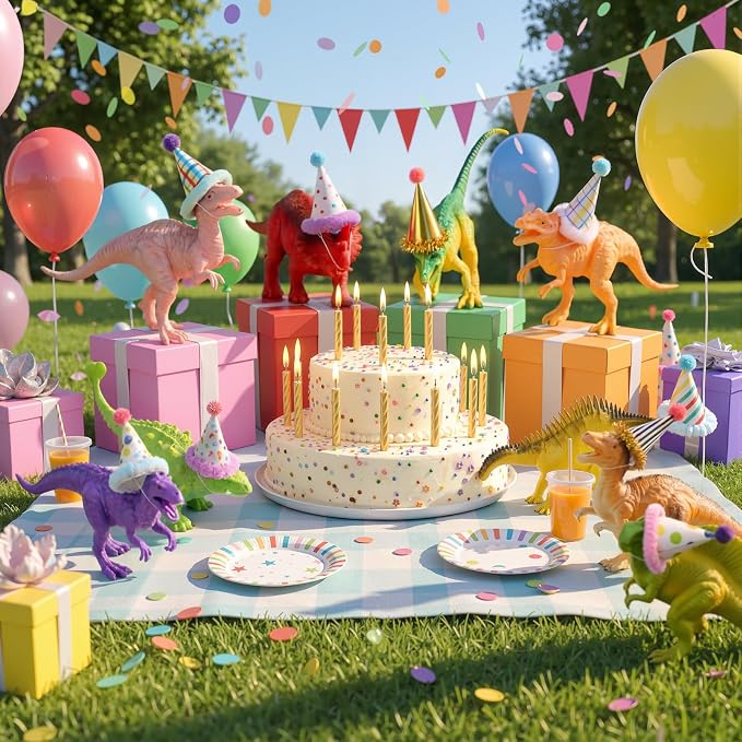 Colingmill 18 Pcs Colorful Dinosaur Birthday Party Decorations Mini Birthday Hat Animal Figure Model Cake Toppers with Mini Hat for Animals Themed Party