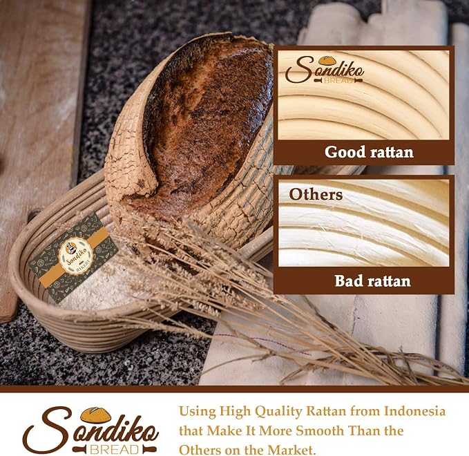 Sondiko Oval Sourdough Proofing Basket, Handmade Sourdough Bread Baking Supplies, Banneton Bread Proofing Basket with Proofing Cloth Liner for Sourdough Bread, Baking(9.6 x 6 x 3 inches)