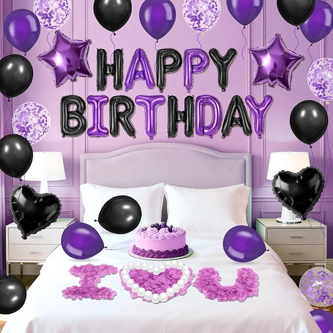 Black Purple Happy Birthday Balloons Decorations Black and Purple Birthday Balloon Letters Banner with Star Heart Balloons Artificial Rose Petals 24 Flameless LED Candles for Birthday Party Supplies
