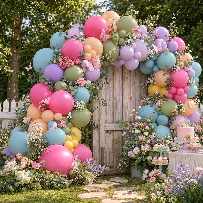 Flower Balloon Arch Kit, 122Pcs Hot Pink Pastel Blue Dusty Green Macaron Orange Lavender Purple Yellow Balloons for Girls Spring Party Boho Baby Shower Flower Birthday Garden Party Decorations