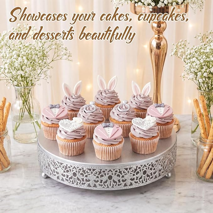 Wenqik 12 Inch Silver Cake Stand Set Metal Round Cupcake Dessert Stand with Cake Cutting, Spatula Wedding Cupcake Pastry Display Candy Holder Display for Wedding Party Birthday Baby Shower(Classic)