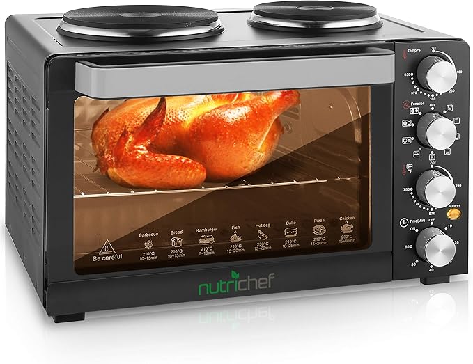 NutriChefKitchen 30 Quarts Kitchen Convection Oven - 1400 Watt Countertop, Rotisserie Roaster Grill, Top Rack, Dual Hot Plates, Toaster, Baking Tray, PKRTO29