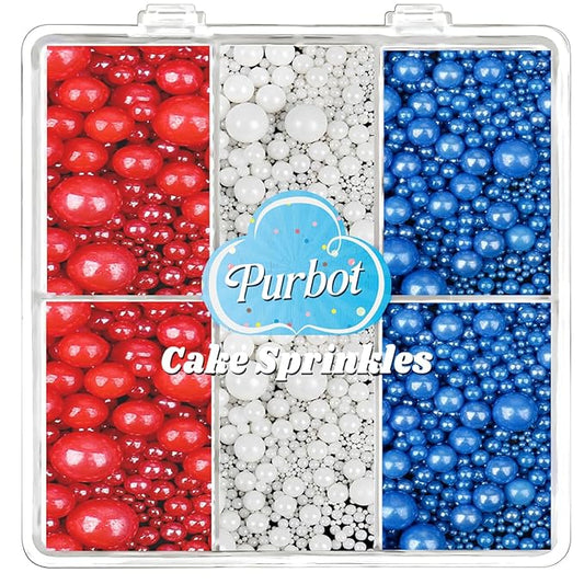 Red White and Blue Pearl Sprinkles for Baking Edible, 4th of July Sprinkles, Patriotic Sprinkles with 4 Sizes Sugar 130g/4.6oz, Cupcake, Ice Cream, Donuts, Macaron Toppings Supplies (2mm, 4mm, 7mm, 1cm)