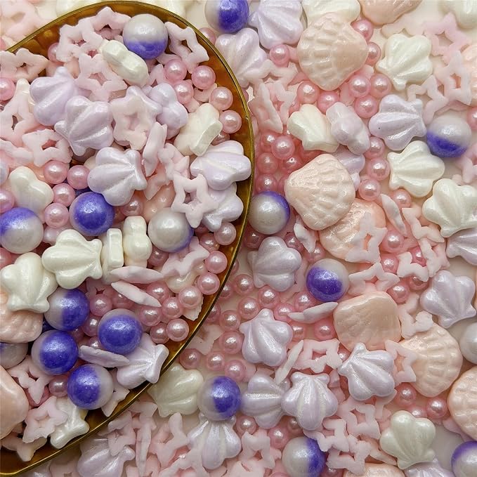 CandiJumpin Under The Sea Sprinkles, Edible Seashells for Cake Decorating Ocean Themed Cake Decorations Pink Seashells and Pearls Sugar Decorations Baby Shower Party Birthday Wedding Christmas Supplies 3 OZ